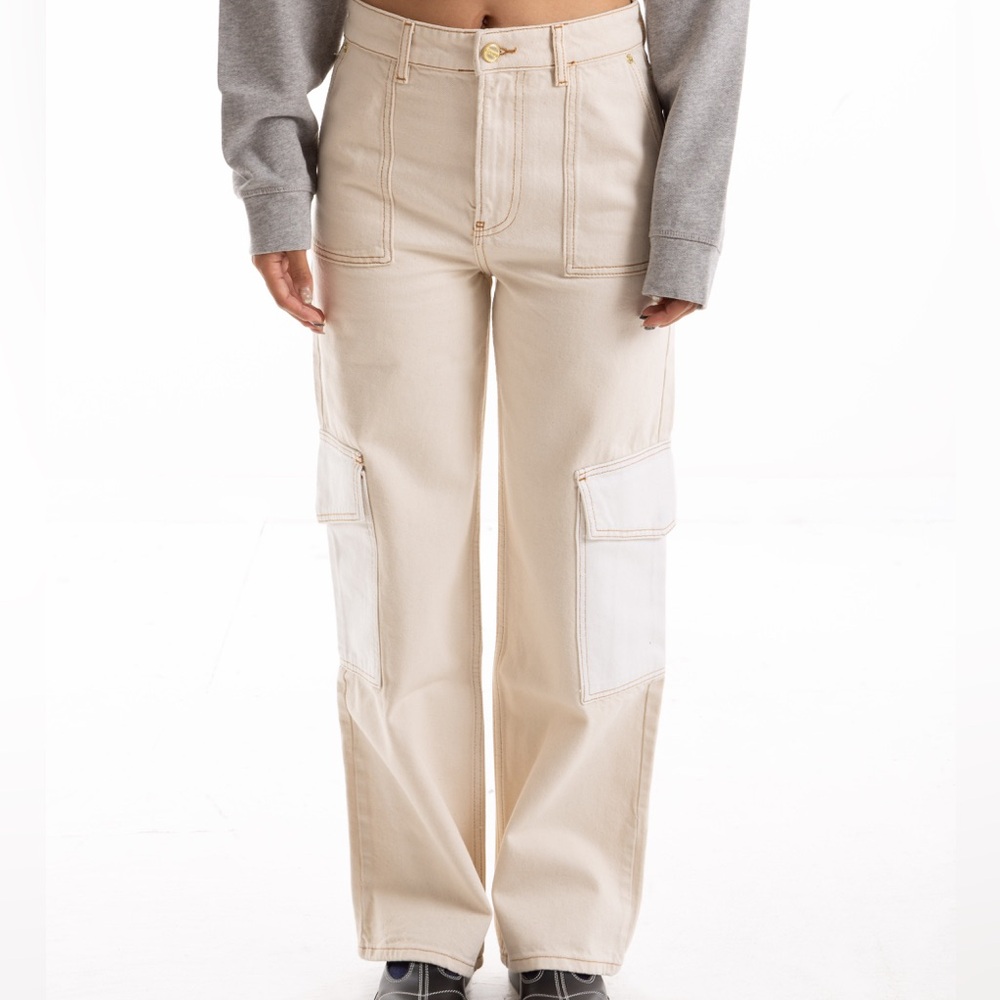 Ganni Cream Wide-Leg Cargo Jeans with Patch Pockets